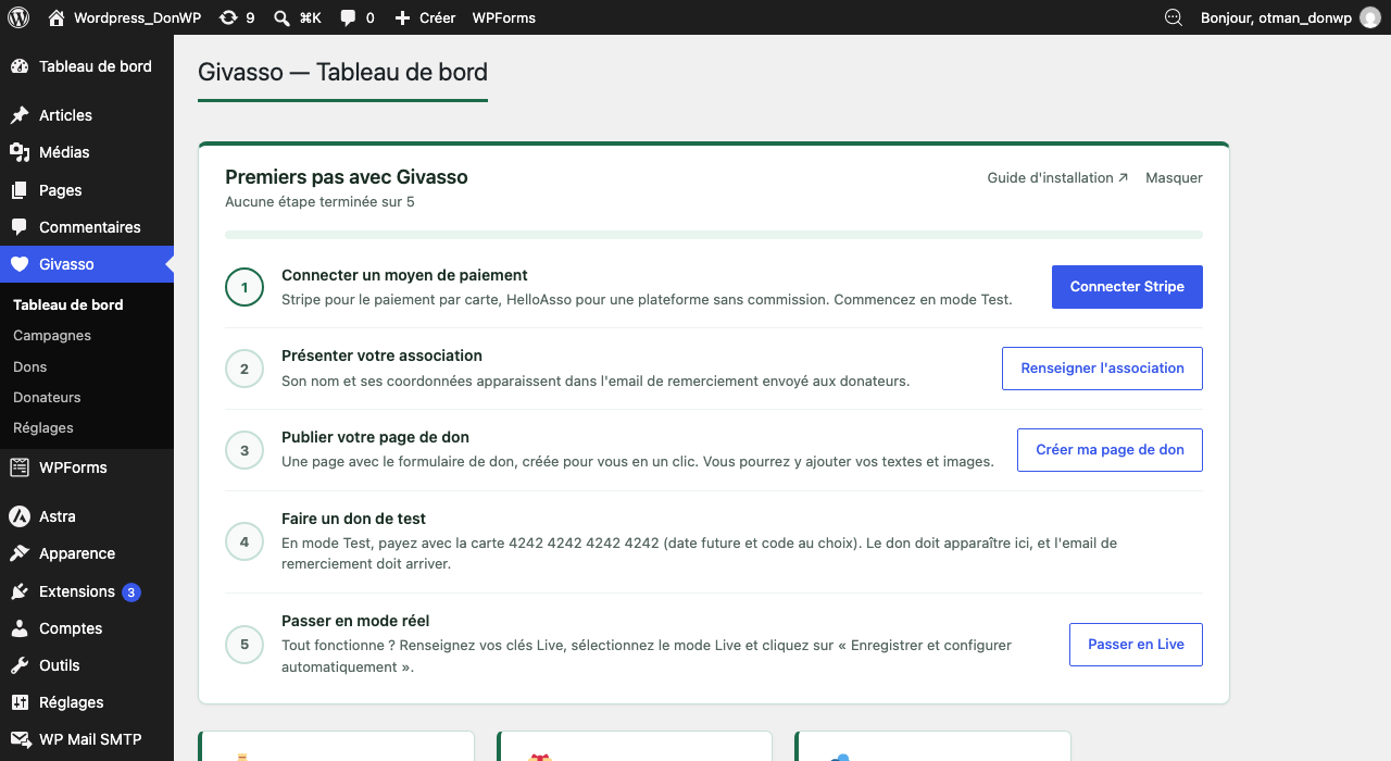 Le guide Premiers pas dans le tableau de bord de Givasso, avec 5 étapes à réaliser
