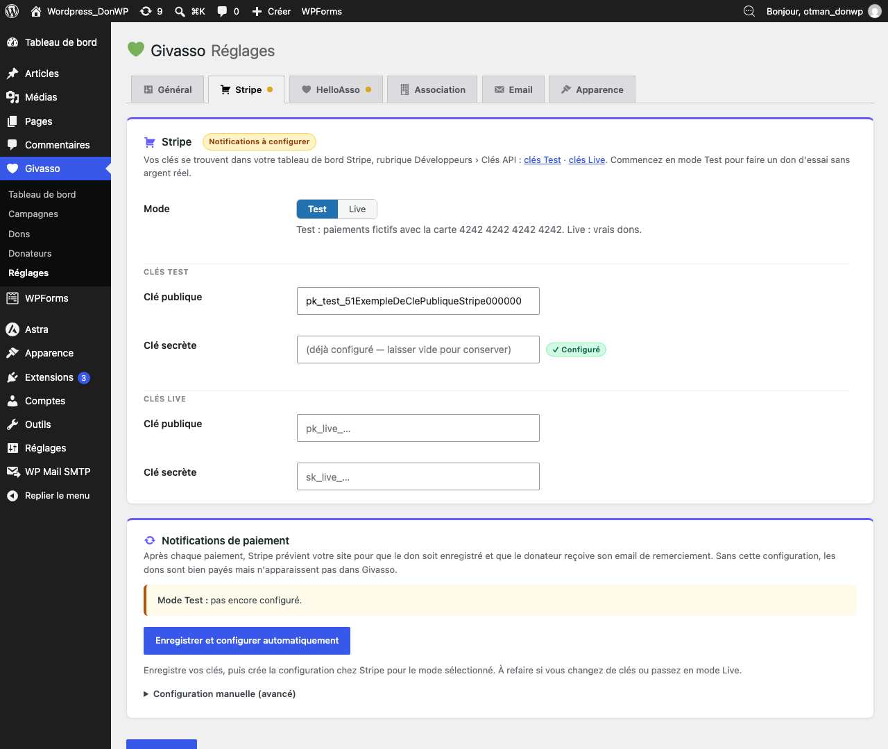 L'onglet Stripe des réglages de Givasso, avec les clés Test renseignées et le bouton Enregistrer et configurer automatiquement
