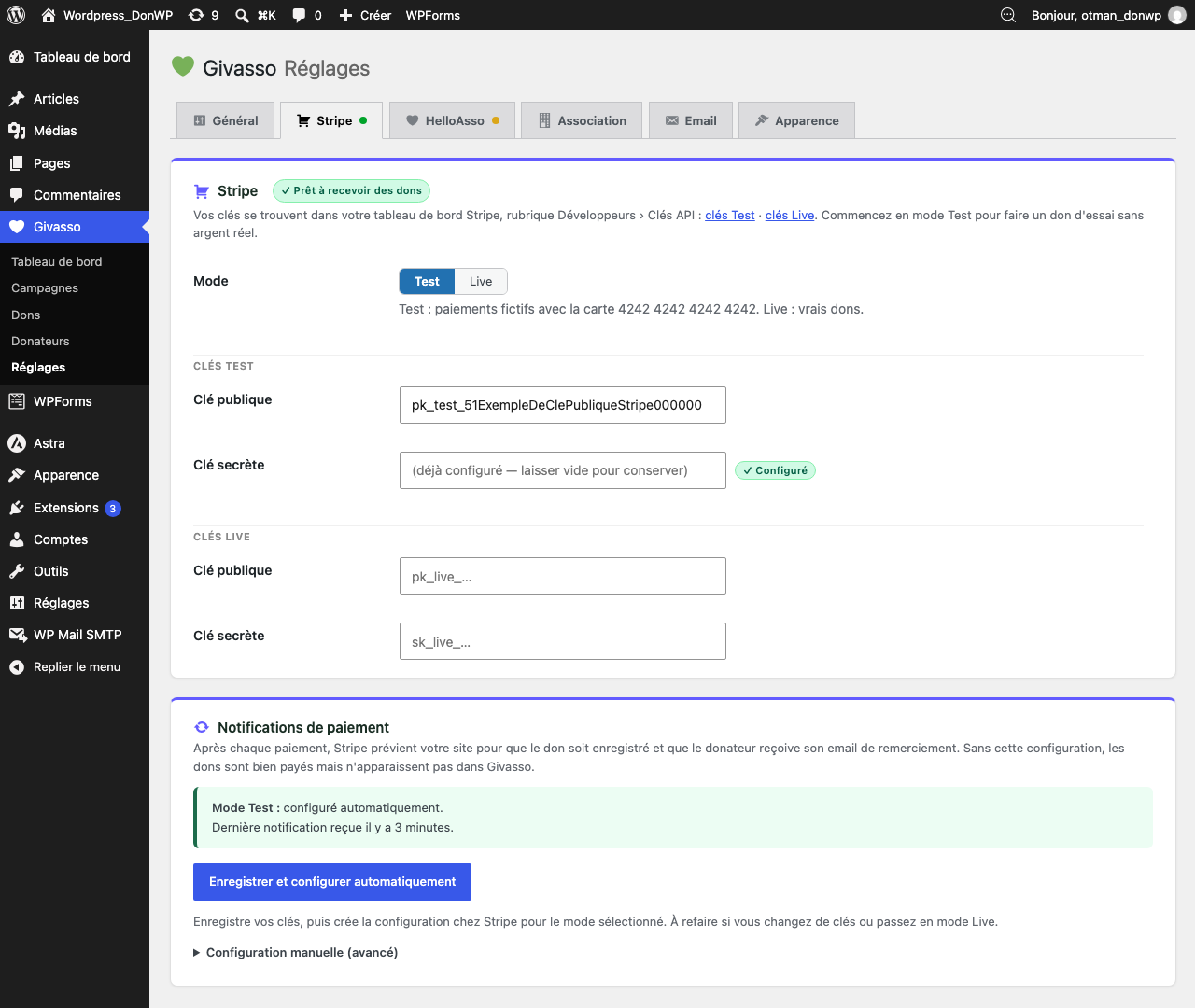 L'onglet Stripe indiquant Prêt à recevoir des dons et la dernière notification reçue